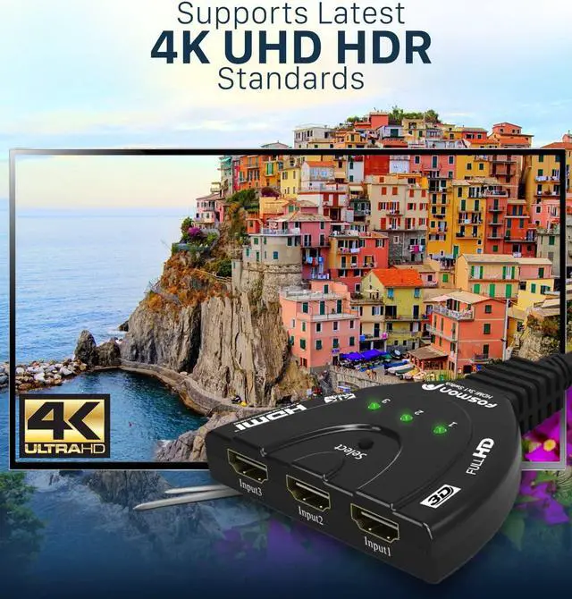 Alt view image 3 of 7 - 4K HDMI Switch 3 in 1 out 4K@30Hz, 3-Port HDMI Splitter Hub Switcher Auto Switching UHD 3D HDR HD 1080P HDCP, for HDTV, PS5/4, Xbox, Fire Stick