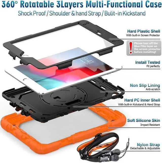 Alt view image 3 of 7 - Case for iPad Mini 5th Generation, iPad Mini 5 Case, iPad Mini 4 Case, Heavy Duty Case with Screen Kickstand Hand Strap Shoulder Strap Pencil Holder for iPad Mini 5/ 4th Gen 7.9-Inch - Orange
