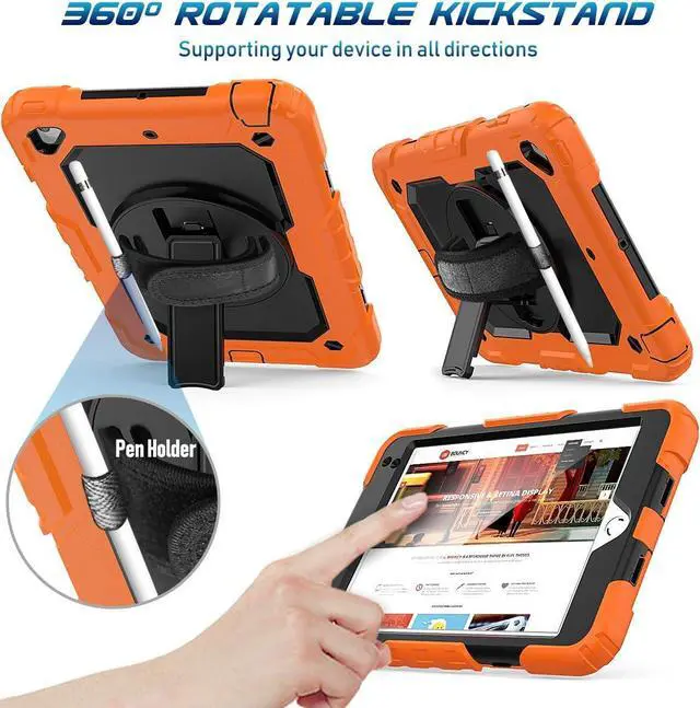 Alt view image 4 of 7 - Case for iPad Mini 5th Generation, iPad Mini 5 Case, iPad Mini 4 Case, Heavy Duty Case with Screen Kickstand Hand Strap Shoulder Strap Pencil Holder for iPad Mini 5/ 4th Gen 7.9-Inch - Orange