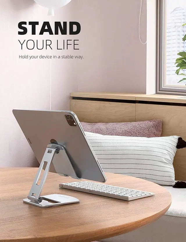 Alt view image 2 of 7 - Lamicall Adjustable Tablet Stand Holder - Foldable Tablet Dock, 360 Degree Rotating Desktop Tablet Mount, Compatible with iPad Pro 11 / 12.9, Mini, Air, Tabs, Kindle and 4.7" - 13" Tablet - Silver