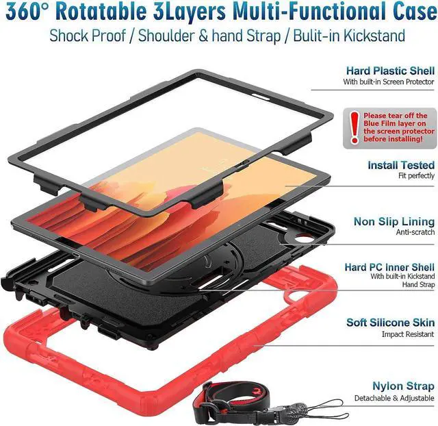 Alt view image 7 of 7 - Case for Samsung Galaxy Tab A7 (10.4 Inch) 2020/2022, SM-T500/ T503 Case, Durable Sturdy Case with Screen Protector Swivel Stand Hand Shoulder Strap Drop-Proof Galaxy Tablet A7 Case - Red