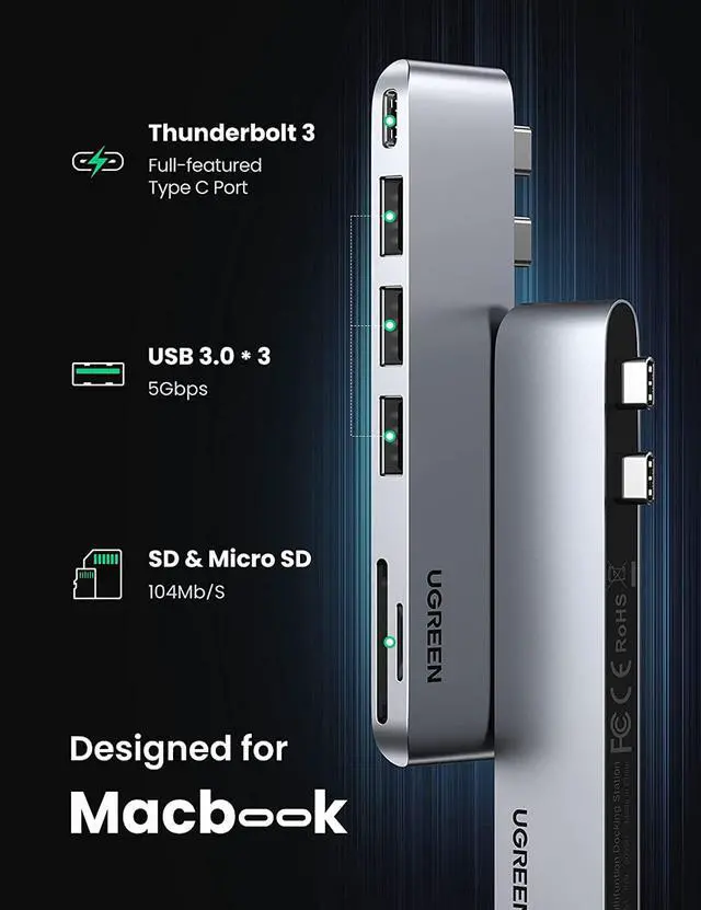 Alt view image 2 of 7 - UGREEN USB C Hub for MacBook Aluminum Type C Adapter with 3 USB 3.0 100W USB C Power Delivery Micro SD SD Card Reader Compatible for MacBook Pro Air M1 2020 2019 2018 2017, Silver