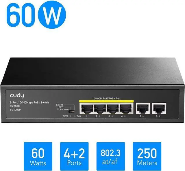 Alt view image 3 of 7 - Cudy FS1006P 6-Port 10/100M PoE Switch 60W, 4 PoE Ports, CCTV Mode (Transmit Distance to 250m at 10Mbps), PD Detection,Fan-Less, Steel Case, Desktop and Wall-Mount, 802.3at / 802.3af