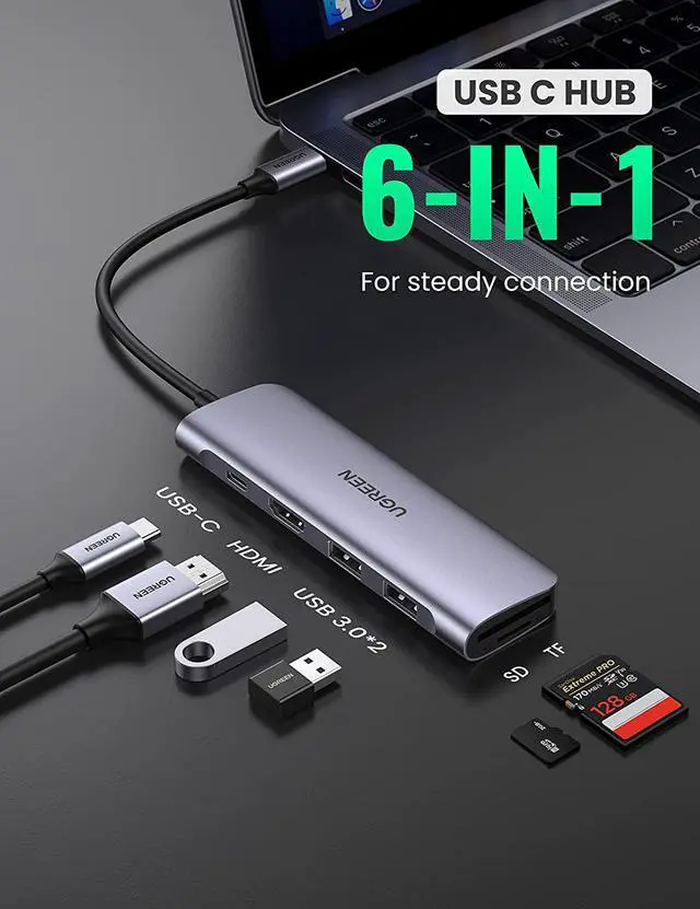 Alt view image 2 of 7 - UGREEN USB C Hub 6 in 1 Type C to HDMI 4K, 2 USB 3.0 Ports, SD TF Card Reader, 100W PD Charging Adapter Dock Station for MacBook Pro Air 2019 2018, Galaxy Note 10 S10 S9 S8, Surface Go
