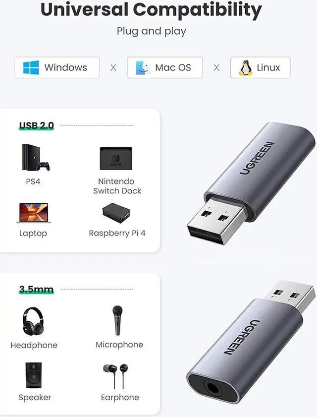 Alt view image 3 of 5 - ugreen usb external sound card audio adapter 2 in 1 usb to 3.5mm jack audio adapter aluminum stereo sound card for windows mac ps5 linux pc laptops desktops