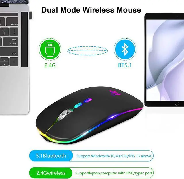 Alt view image 4 of 7 - HOTLIFE LED Wireless Mouse, Slim Rechargeable Silent Portable USB Optical 2.4G Wireless Bluetooth Two Mode Computer Mice with USB Receiver and Type C Adapter (Black)