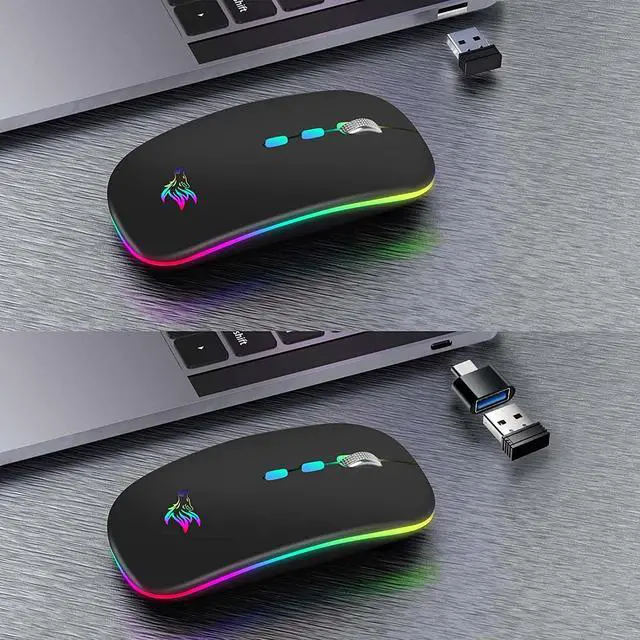 Alt view image 5 of 7 - HOTLIFE LED Wireless Mouse, Slim Rechargeable Silent Portable USB Optical 2.4G Wireless Bluetooth Two Mode Computer Mice with USB Receiver and Type C Adapter (Black)