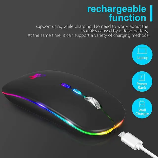 Alt view image 6 of 7 - HOTLIFE LED Wireless Mouse, Slim Rechargeable Silent Portable USB Optical 2.4G Wireless Bluetooth Two Mode Computer Mice with USB Receiver and Type C Adapter (Black)