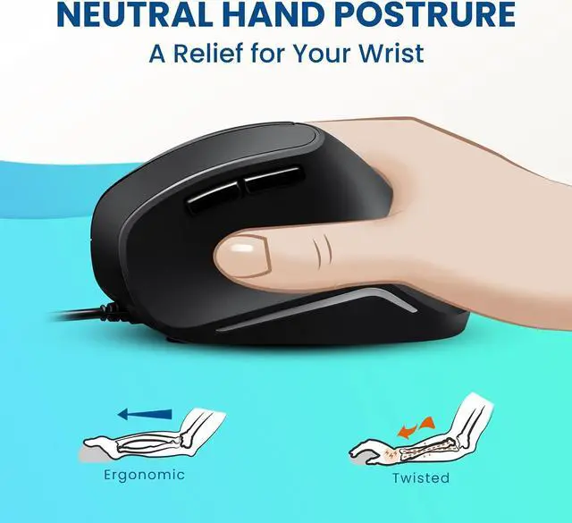 Alt view image 2 of 7 - Perixx PERIMICE-515II Wired Ergonomic Vertical Mouse - 1000/1600 DPI - Right Handed Natural Ergonomic Vertical Design