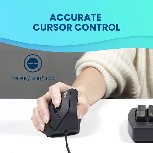 Alt view image 3 of 7 - Perixx PERIMICE-515II Wired Ergonomic Vertical Mouse - 1000/1600 DPI - Right Handed Natural Ergonomic Vertical Design