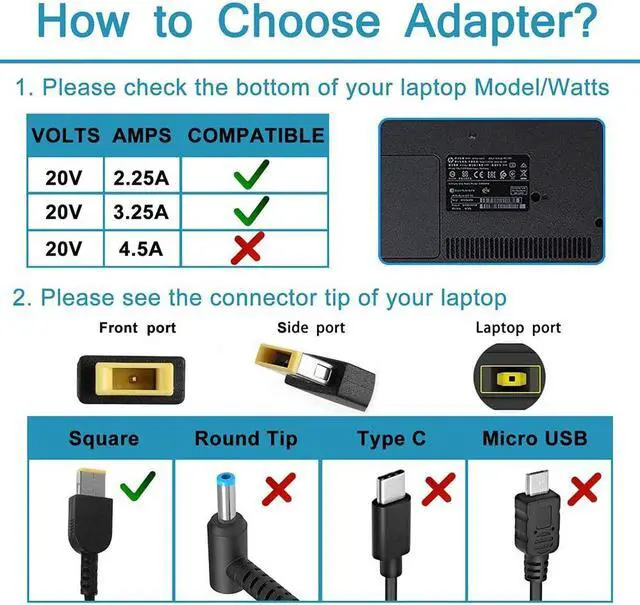 Alt view image 2 of 7 - 65W 45W Laptop Charger 45 Watt AC Power Adapter for Lenovo ThinkPad E440 E450 E550 E560 T430 T440 T440S T440P T450 T460 T460S T540P T560 T470 G50 E540 Yoga S1 2 11 11s Slim Tip Power Supply by Kepmem