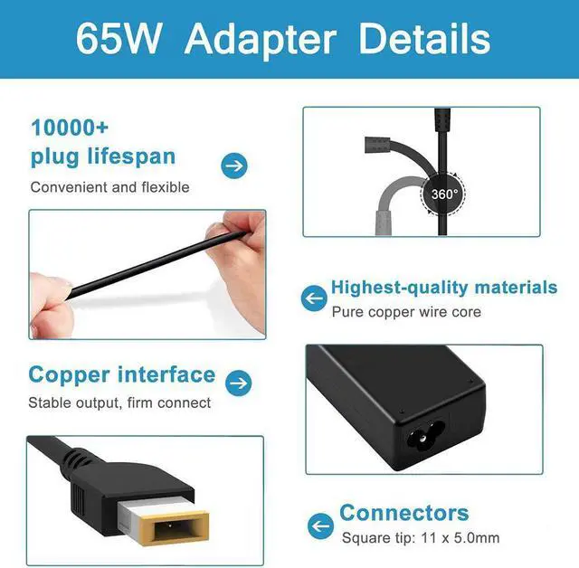 Alt view image 3 of 7 - 65W 45W Laptop Charger 45 Watt AC Power Adapter for Lenovo ThinkPad E440 E450 E550 E560 T430 T440 T440S T440P T450 T460 T460S T540P T560 T470 G50 E540 Yoga S1 2 11 11s Slim Tip Power Supply by Kepmem