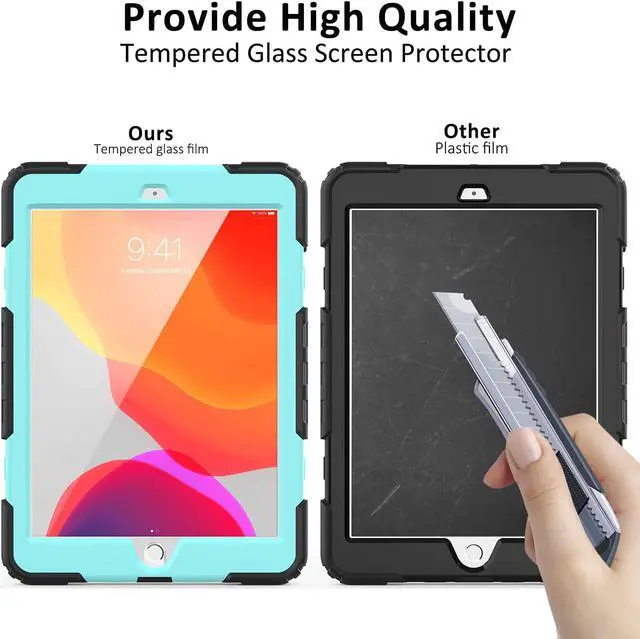 Alt view image 2 of 7 - iPad 9th/8th/7th Generation Case, iPad 10.2 Case 2021/2020/2019, [Kid Proof] Drop Proof Case with 9H Screen Protector, Rotatable Kickstand & Hand Strap, Shoulder Strap (Sky Blue & Black)