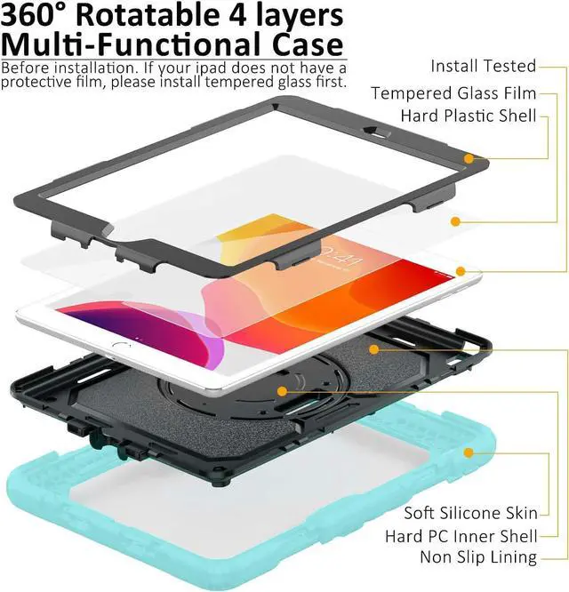 Alt view image 3 of 7 - iPad 9th/8th/7th Generation Case, iPad 10.2 Case 2021/2020/2019, [Kid Proof] Drop Proof Case with 9H Screen Protector, Rotatable Kickstand & Hand Strap, Shoulder Strap (Sky Blue & Black)