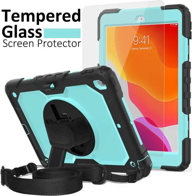 Alt view image 7 of 7 - iPad 9th/8th/7th Generation Case, iPad 10.2 Case 2021/2020/2019, [Kid Proof] Drop Proof Case with 9H Screen Protector, Rotatable Kickstand & Hand Strap, Shoulder Strap (Sky Blue & Black)