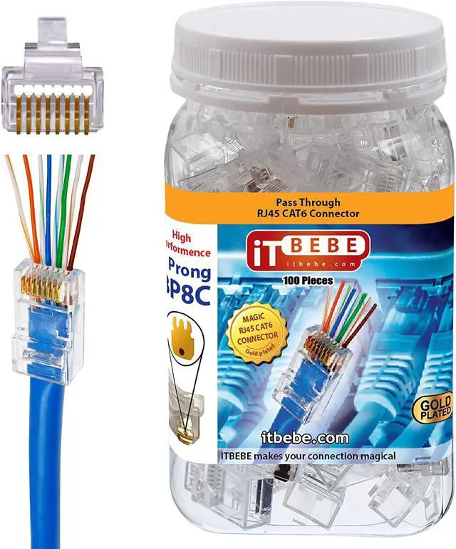 Main image of ITBEBE Gold Plated RJ45 CAT6 8P8C 100 Pieces Pass Through 3 Micron 3u 3 Prong Premium Connectors