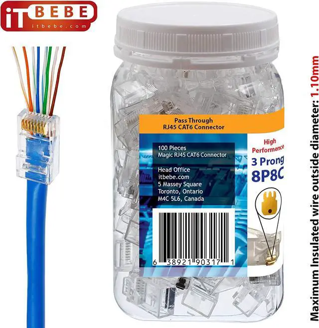 Alt view image 2 of 5 - ITBEBE Gold Plated RJ45 CAT6 8P8C 100 Pieces Pass Through 3 Micron 3u 3 Prong Premium Connectors