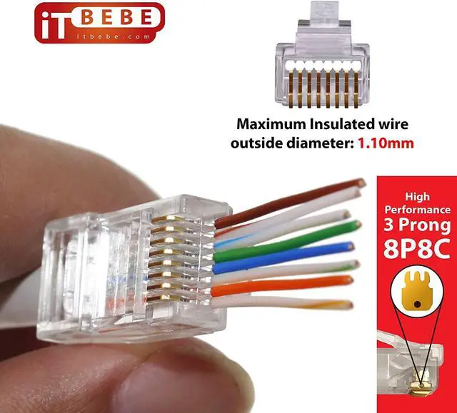 Alt view image 4 of 5 - ITBEBE Gold Plated RJ45 CAT6 8P8C 100 Pieces Pass Through 3 Micron 3u 3 Prong Premium Connectors