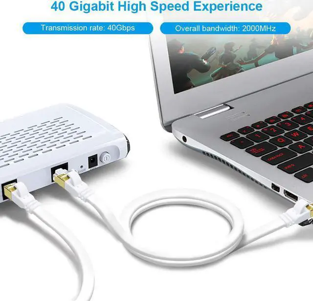 Alt view image 2 of 7 - CAT8 Ethernet Cable 50ft, High Speed 40Gbps 2000MHz SFTP Flat Internet Network LAN Cable with Gold Plated RJ45 Connector for Router, Modem, PC, Switches, Hub, Laptop, Gaming(White, 50ft/15m)