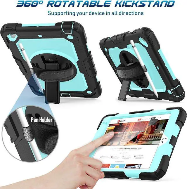 Alt view image 4 of 7 - Case for iPad Mini 4, iPad Mini 5th Generation Case, iPad Mini 5 Case, Heavy Duty Case with Screen Stand Hand Strap Shoulder Strap Pencil Holder for iPad Mini 5/ 4th Gen 7.9-Inch - Light Blue