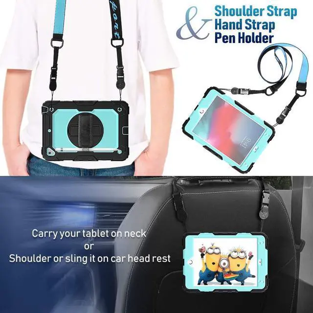 Alt view image 6 of 7 - Case for iPad Mini 4, iPad Mini 5th Generation Case, iPad Mini 5 Case, Heavy Duty Case with Screen Stand Hand Strap Shoulder Strap Pencil Holder for iPad Mini 5/ 4th Gen 7.9-Inch - Light Blue