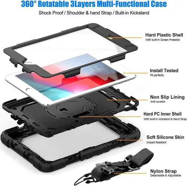 Alt view image 6 of 7 - Case for iPad Mini 5/4 with Screen Protector Pencil Holder [360 Rotating Hand Strap] & Stand Drop-Proof Case for iPad Mini 5th/4th Generation 7.9 inch (Black)