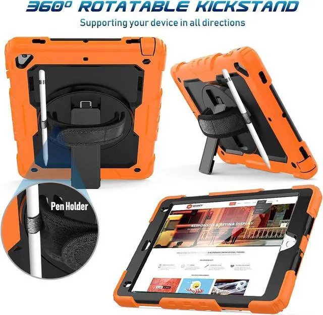 Alt view image 5 of 7 - Case for iPad 6th/5th Generation, iPad 9.7 Inch 2018/2017 Case with Rotating Stand/Strap Full-Body Silicone+PC Durable Protective Case for iPad 5th/6th / Air 2/ Pro 9.7 Orange