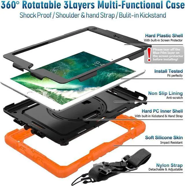 Alt view image 7 of 7 - Case for iPad 6th/5th Generation, iPad 9.7 Inch 2018/2017 Case with Rotating Stand/Strap Full-Body Silicone+PC Durable Protective Case for iPad 5th/6th / Air 2/ Pro 9.7 Orange