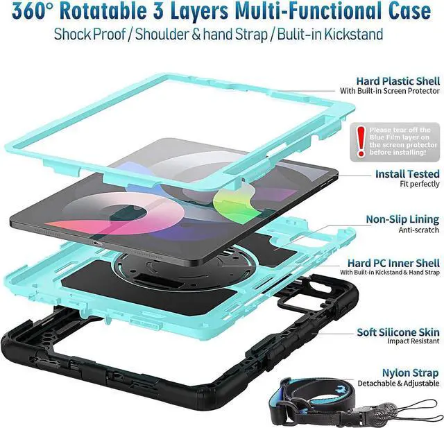 Alt view image 3 of 7 - iPad Air 4/5 Case 10.9 Inch 2020/2022 iPad Air 4th/5th Generation Case with Screen Protector/Swivel Kickstand/Hand Strap/Pencil Holder Cover for iPad Air 5th/4th Generation 10.9'', Light Blue