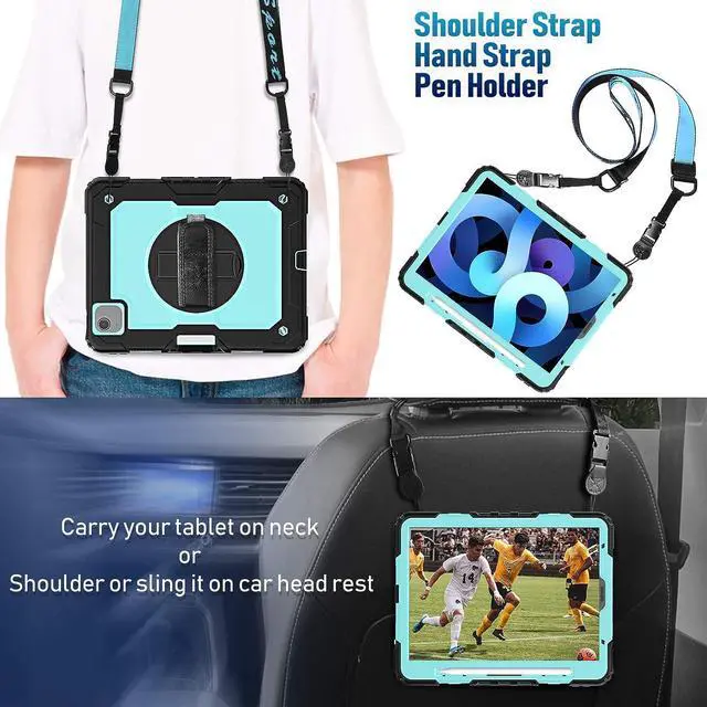Alt view image 6 of 7 - iPad Air 4/5 Case 10.9 Inch 2020/2022 iPad Air 4th/5th Generation Case with Screen Protector/Swivel Kickstand/Hand Strap/Pencil Holder Cover for iPad Air 5th/4th Generation 10.9'', Light Blue