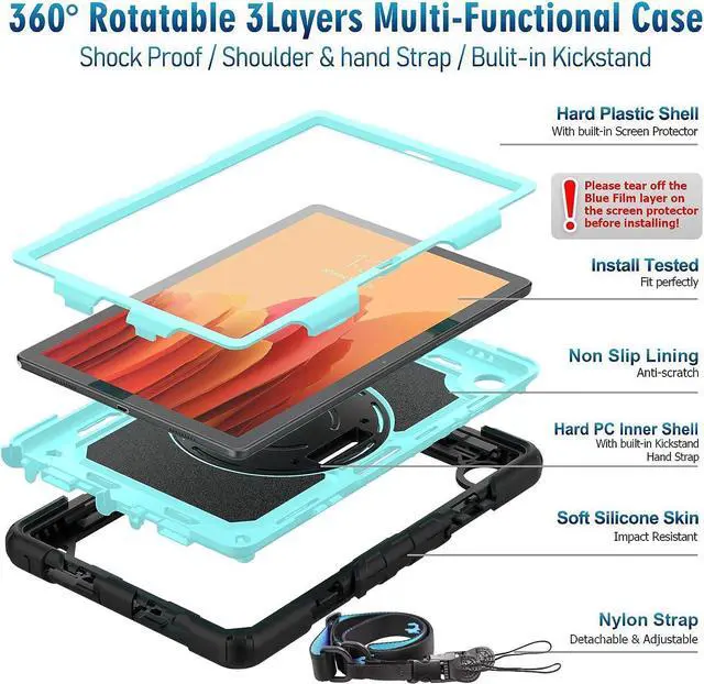 Alt view image 7 of 7 - Case for Samsung Galaxy Tab A7 10.4 Inch 2022/2020, SM-T500/ T503 Tablet Case, Durable Sturdy Case with Screen Protector Swivel Stand Hand Shoulder Strap Drop-Proof Tablet Case - Light Blue