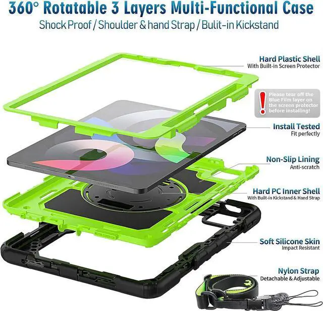 Alt view image 3 of 7 - iPad Air 4 Case 10.9 Inch 2020 iPad Air 4th/5th Generation Case 2022, with Screen Protector/Swivel Kickstand/Hand Strap/Pencil Holder Cover Cases for iPad Air 4th Gen/5th Gen 2022, Green