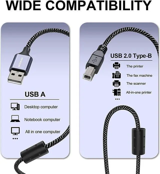 Alt view image 2 of 6 - MOSWAG Printer Cable 16.4FT USB A to USB B MIDI Cable USB-A 2.0 480Mbps | Fast Sync for Computer to printers and scanners,Use with HP Canon,Epson,Dell,Xerox,Samsung,Lexmark and More,for Home,Office