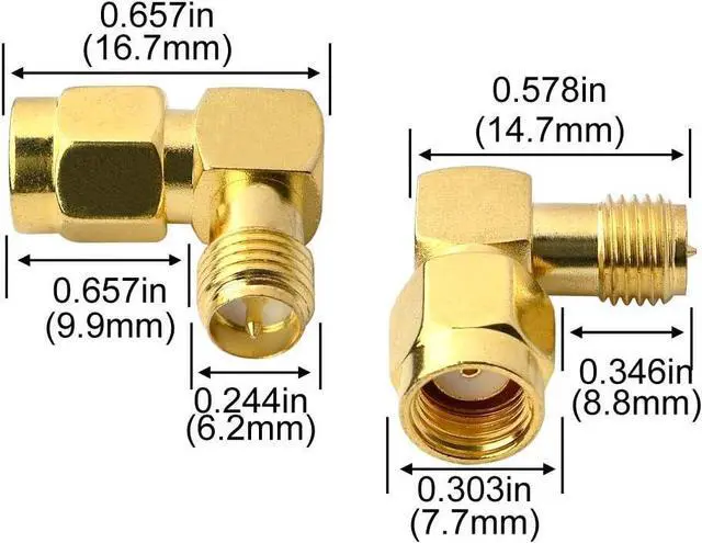 Alt view image 5 of 6 - 90 Degree Reverse Polarity SMA Coax Adapter RP SMA Male to RP-SMA Female Right Angle Connector for Audio FPV Drone Antennas Radio Video 2-Pack