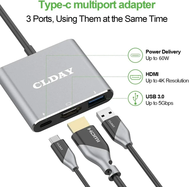Alt view image 2 of 7 - USB-C to HDMI Adapter, CLDAY 4K Type-C (Thunderbolt 3) Multiport Hub, 3-in-1 with HDMI Port USB 3.0 Port and USB-C Fast Charging Port, Compatible with MacBook/Google Pixelbook/Galaxy S10/S20/S30/HP/LG