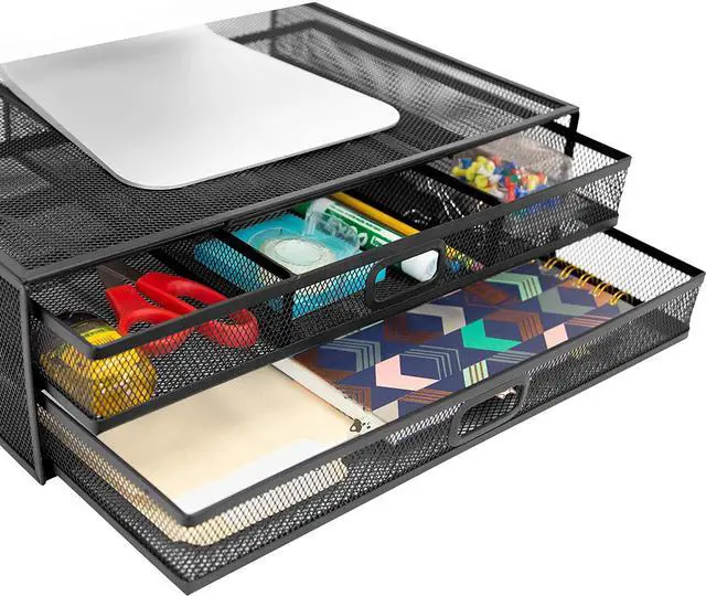 Main image of MOUNT-IT! Computer Monitor Stand With Drawers, Metal Mesh Riser and Organizer for Laptops and Computer Screens, Laptop, and Printer Accessories and Office Supplies (Black)