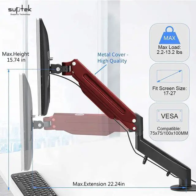 Alt view image 3 of 7 - Suptek Monitor Mount Gas Spring Monitor Arm Desk Mount Fully Adjustable Fits 17 20 22 23 24 26 27 inch Monitors Weight Capacity up to 13.2 lbs