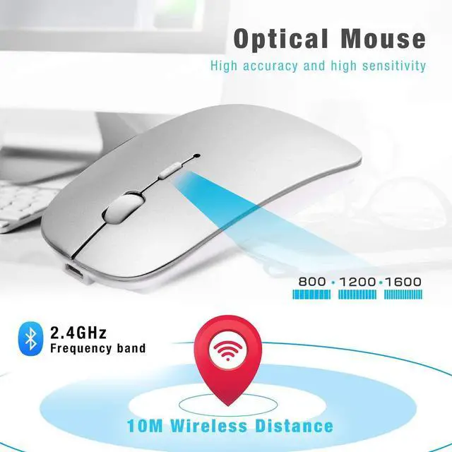 Alt view image 5 of 7 - Bluetooth Mouse for Laptop/iPad/iPhone/Mac(iOS 13.1.2 and Above)/Android PC,Wireless Mouse Slim USB Rechargable Quiet Mice Compatible with Windows/Linux/Notebook/Mac/MacBook Air,Silver