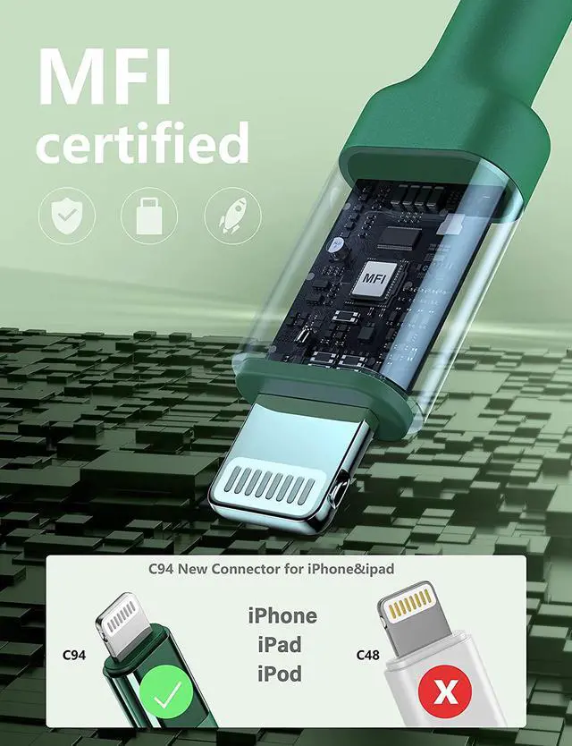 Alt view image 3 of 7 - USB C to Lightning Cable 6FT 2Pack USB-C Fast Charger Cable Mfi Certified Type C to Lightning Cord USBC for iPhone 13 12 11 Pro Max Mini X XS XR 8 Plus 10 SE iPad 8th (Green)
