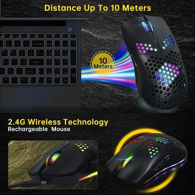 Alt view image 3 of 6 - Wireless Gaming Mouse,Computer Mouse with Honeycomb Shell,11 RGB Backlit,3,400 DPI,6 Programmed Buttons,USB Receiver,Power Saving,Wireless Mouse for PC / Mac / Laptop,Black