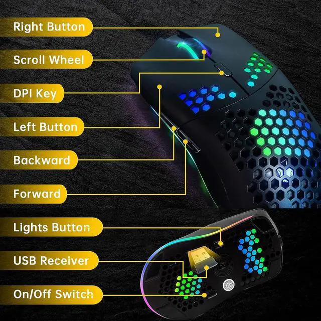Alt view image 4 of 6 - Wireless Gaming Mouse,Computer Mouse with Honeycomb Shell,11 RGB Backlit,3,400 DPI,6 Programmed Buttons,USB Receiver,Power Saving,Wireless Mouse for PC / Mac / Laptop,Black