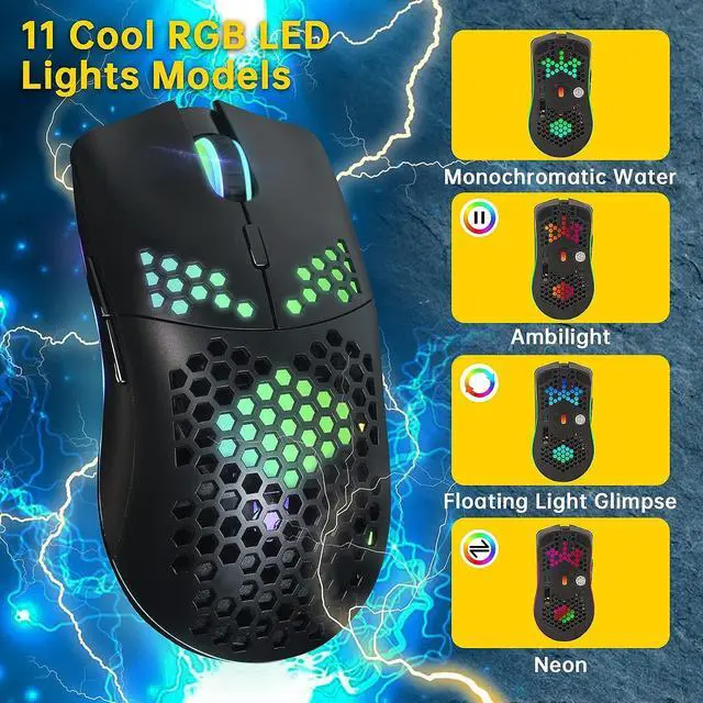 Alt view image 5 of 6 - Wireless Gaming Mouse,Computer Mouse with Honeycomb Shell,11 RGB Backlit,3,400 DPI,6 Programmed Buttons,USB Receiver,Power Saving,Wireless Mouse for PC / Mac / Laptop,Black