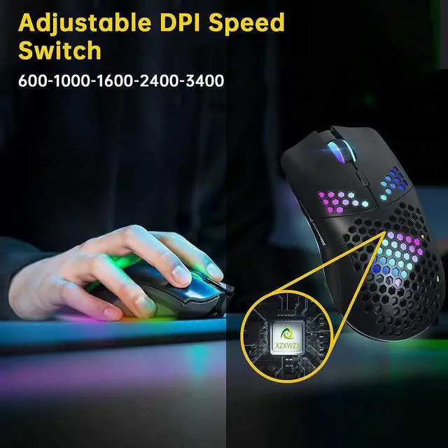 Alt view image 6 of 6 - Wireless Gaming Mouse,Computer Mouse with Honeycomb Shell,11 RGB Backlit,3,400 DPI,6 Programmed Buttons,USB Receiver,Power Saving,Wireless Mouse for PC / Mac / Laptop,Black
