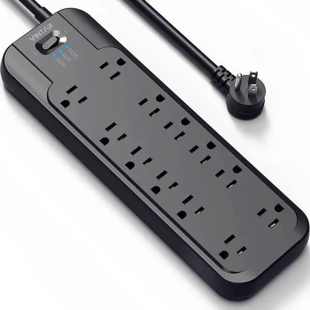 Main image of VINTAR Power Strip Surge Protector (2 × 4800 Joules) with 12 AC Outlets,1875W Output,6ft Long Extension Cord Flat Plug with Dual Surge Protection for Office,Home,ETL Listed,Black