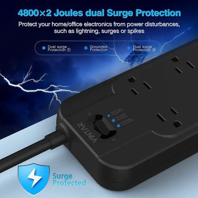 Alt view image 2 of 7 - VINTAR Power Strip Surge Protector (2 × 4800 Joules) with 12 AC Outlets,1875W Output,6ft Long Extension Cord Flat Plug with Dual Surge Protection for Office,Home,ETL Listed,Black