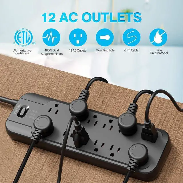 Alt view image 3 of 7 - VINTAR Power Strip Surge Protector (2 × 4800 Joules) with 12 AC Outlets,1875W Output,6ft Long Extension Cord Flat Plug with Dual Surge Protection for Office,Home,ETL Listed,Black