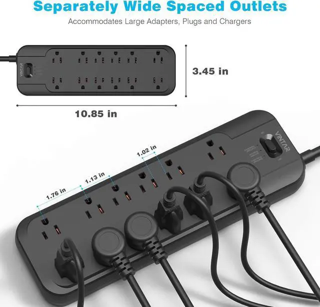 Alt view image 5 of 7 - VINTAR Power Strip Surge Protector (2 × 4800 Joules) with 12 AC Outlets,1875W Output,6ft Long Extension Cord Flat Plug with Dual Surge Protection for Office,Home,ETL Listed,Black