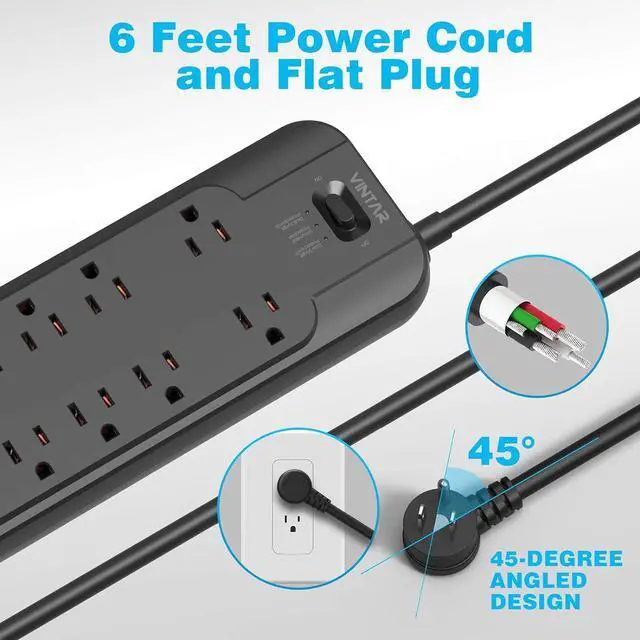 Alt view image 6 of 7 - VINTAR Power Strip Surge Protector (2 × 4800 Joules) with 12 AC Outlets,1875W Output,6ft Long Extension Cord Flat Plug with Dual Surge Protection for Office,Home,ETL Listed,Black