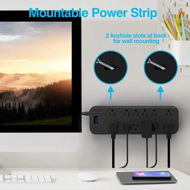 Alt view image 7 of 7 - VINTAR Power Strip Surge Protector (2 × 4800 Joules) with 12 AC Outlets,1875W Output,6ft Long Extension Cord Flat Plug with Dual Surge Protection for Office,Home,ETL Listed,Black