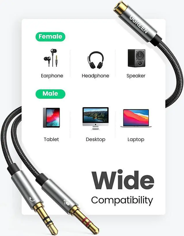 Alt view image 7 of 7 - UGREEN Headphone Splitter for Computer 3.5mm Female to 2 Dual 3.5mm Male Headphone Mic Audio Y Splitter Cable Microphone Stereo Jack Earphones Port Cord Gaming Headset to PC Laptop Adapter Black